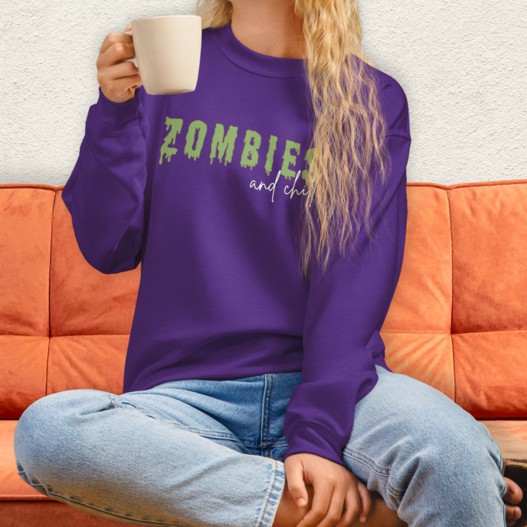 Zombies & Chill Sweatshirt | Horror Movie Crewneck | Gildan Heavy Blend Spooky Zombie Sweatshirt