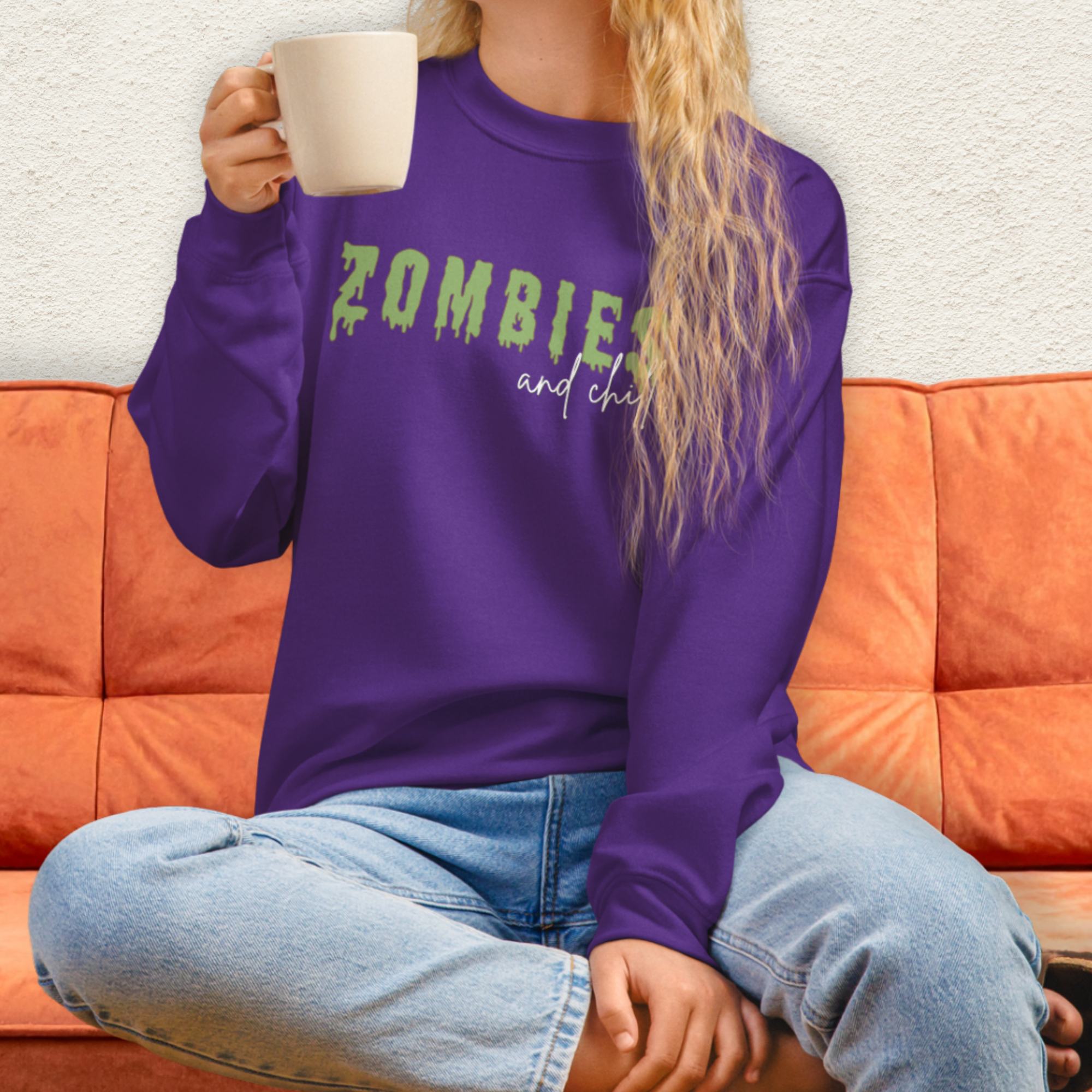 Zombies & Chill Sweatshirt | Horror Movie Crewneck | Gildan Heavy Blend Spooky Zombie Sweatshirt