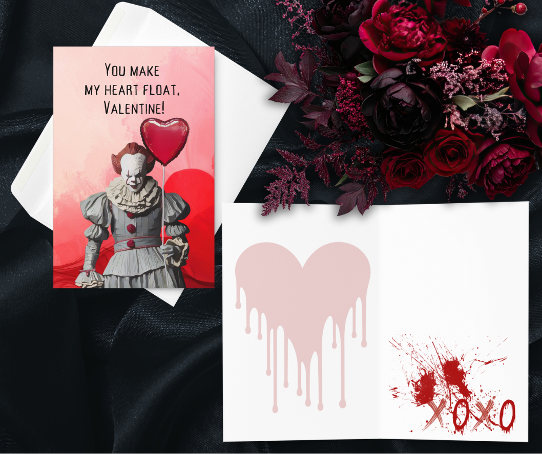 Funny Horror Valentine Card – “You Make My Heart Float” Creepy Clown Balloon Card