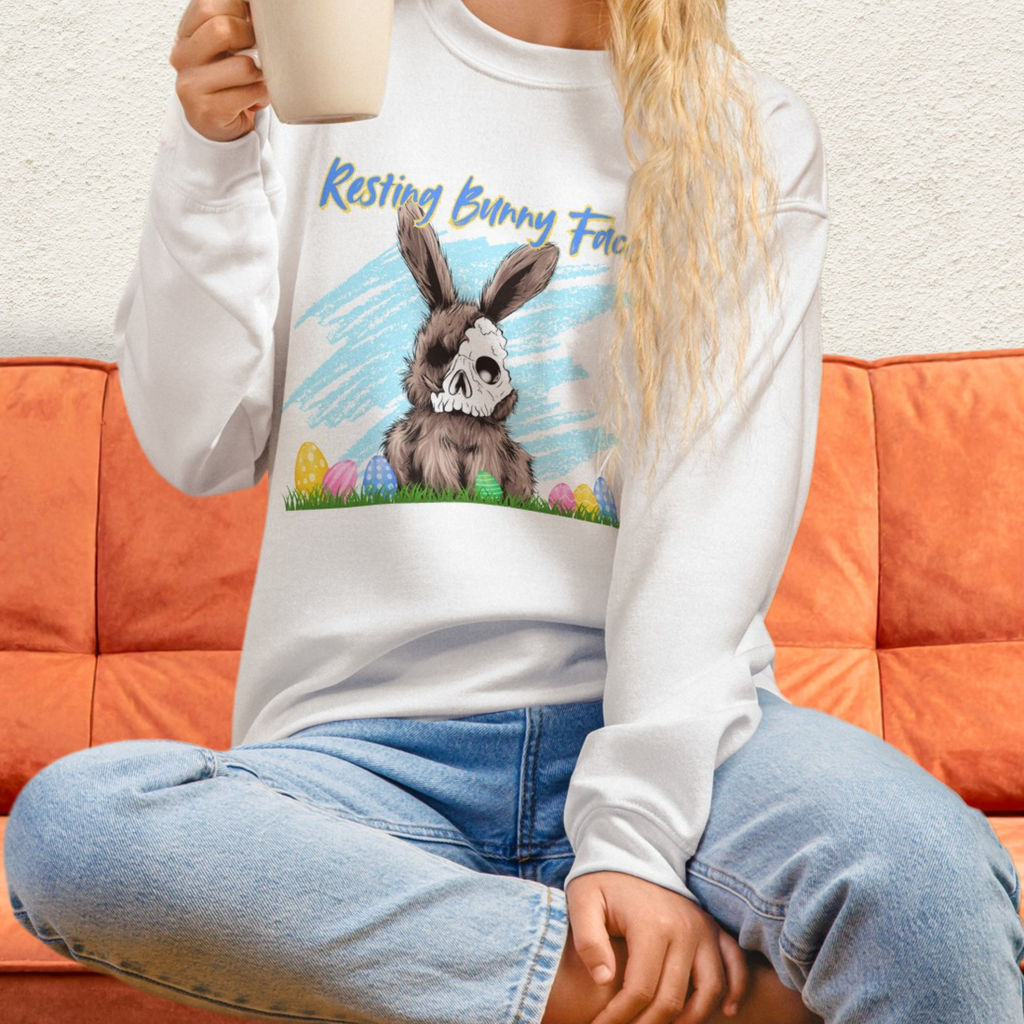 Resting Bunny Face Sweatshirt | Creepy Easter Bunny Skull Crewneck | Funny Spooky Easter Sweatshirt | Dark Humor Bunny Graphic