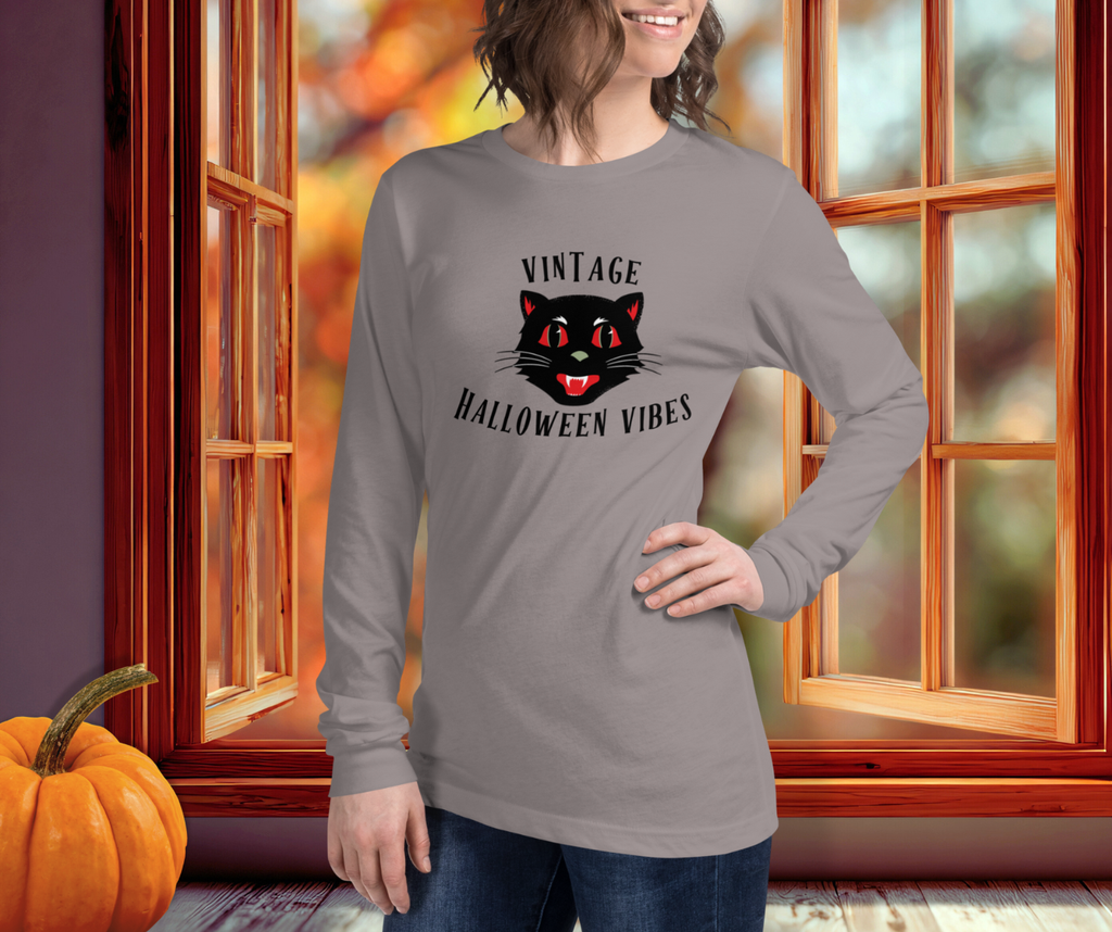 Vintage Halloween Vibes Long Sleeve Tee | Bella+Canvas Unisex Retro Cat Shirt