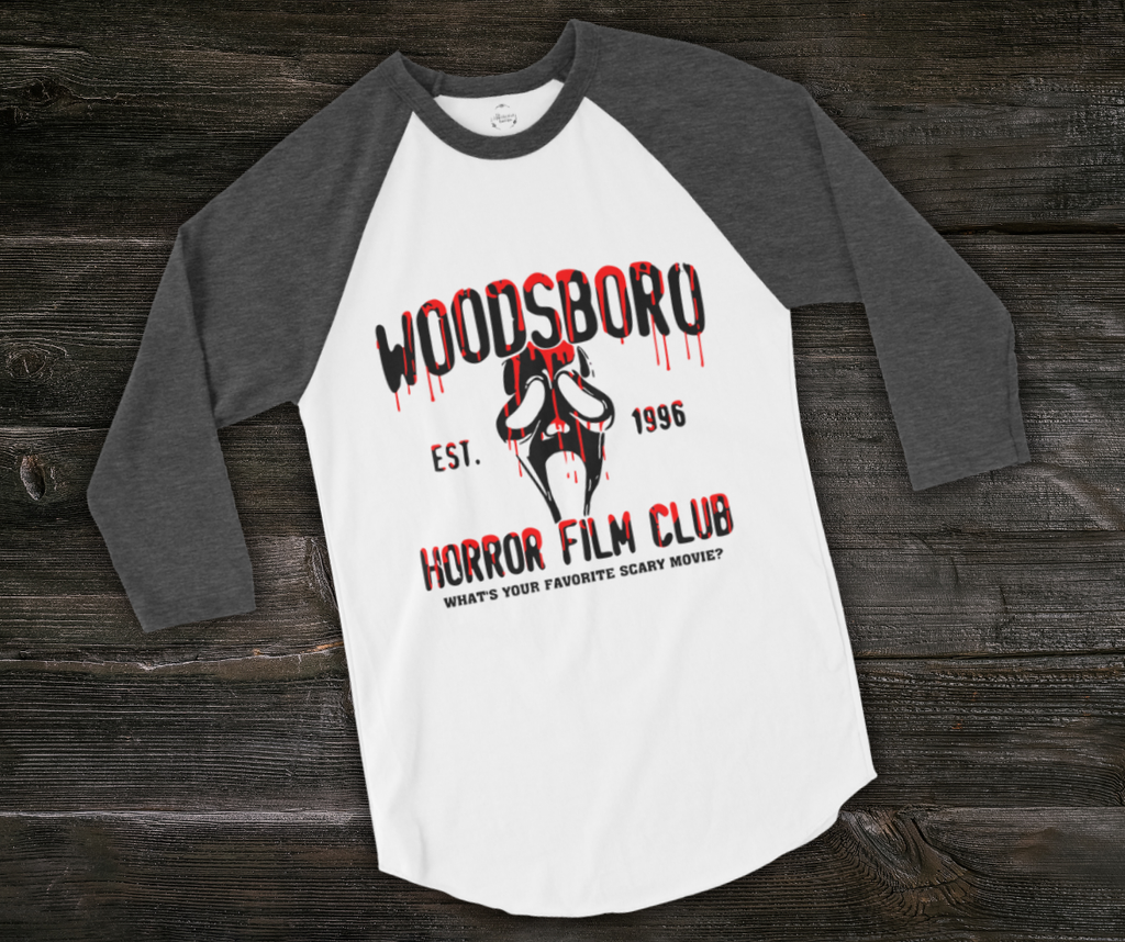 Woodsboro Horror Film Club Raglan Tee | Unisex 3/4 Sleeve Slasher Shirt