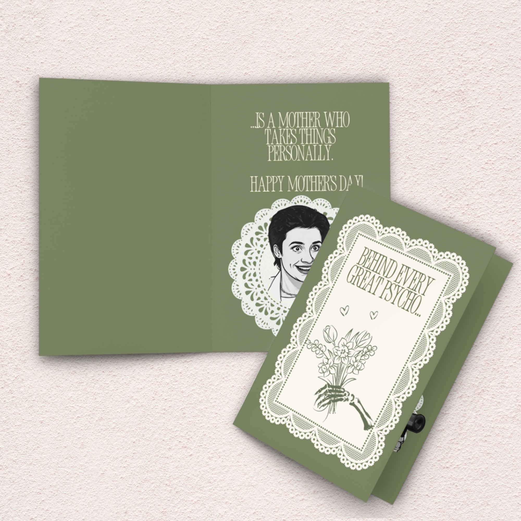 Behind Every Great Psycho Mother’s Day Card | Funny Horror Mother’s Day Card | Spooky Mrs. Loomis Inspired Greeting Card | Gothic Doily Card