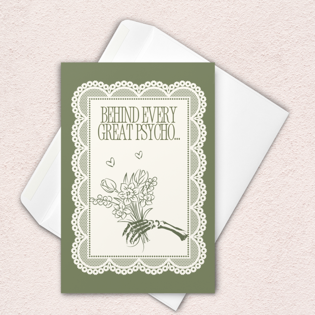 Behind Every Great Psycho Mother’s Day Card | Funny Horror Mother’s Day Card | Spooky Mrs. Loomis Inspired Greeting Card | Gothic Doily Card