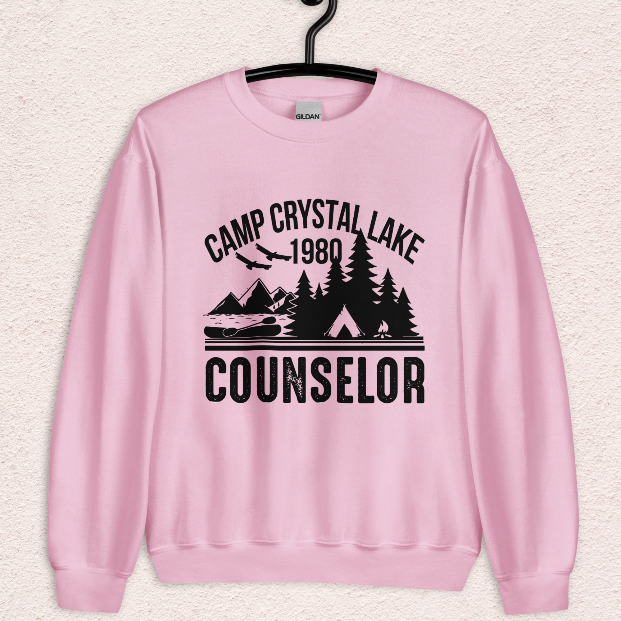 Camp Slasher Counselor Sweatshirt | Gildan Unisex Horror Crewneck (Black Ink)