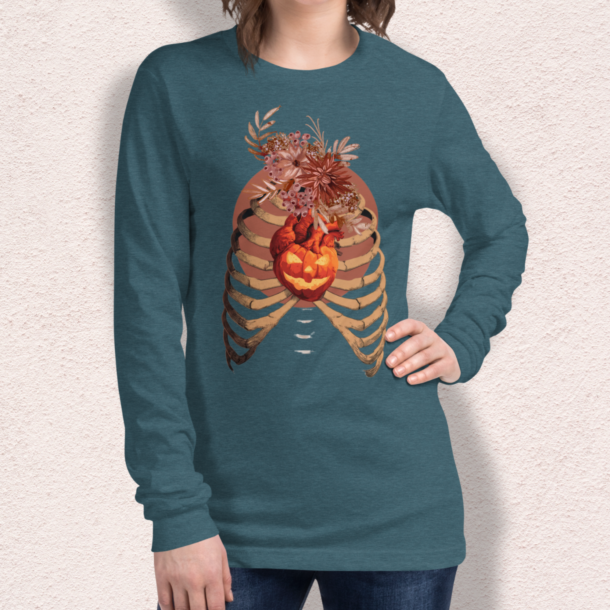 A Fall’s Heart Tee | Skeleton Pumpkin Halloween Shirt | Bella+Canvas Spooky Autumn Graphic Long Sleeve Tee
