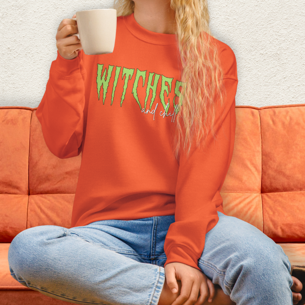 Witches & Chill Sweatshirt | Spooky Witch Aesthetic Crewneck | Gildan Heavy Blend Halloween Sweatshirt