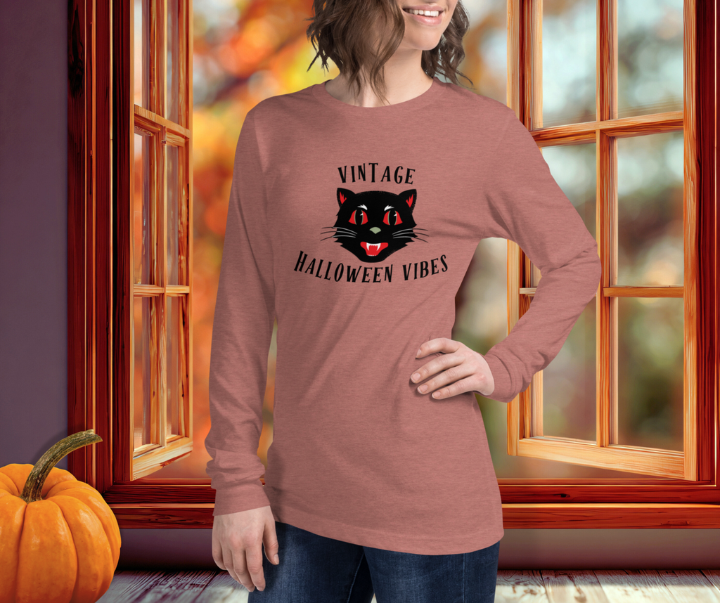 Vintage Halloween Vibes Long Sleeve Tee | Bella+Canvas Unisex Retro Cat Shirt