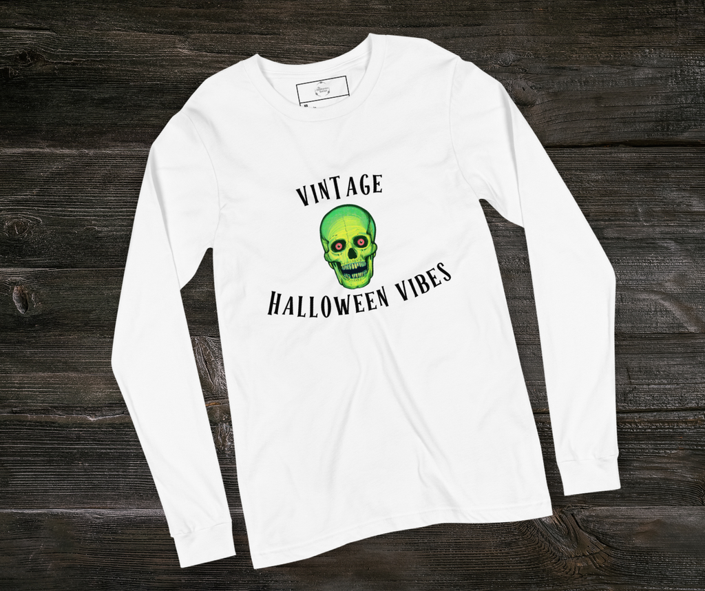 Vintage Halloween Vibes Long Sleeve Tee | Bella+Canvas Retro Green Skull Shirt