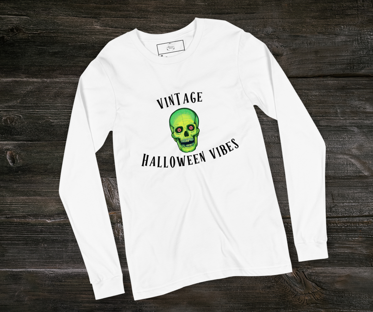 Vintage Halloween Vibes Long Sleeve Tee | Bella+Canvas Retro Green Skull Shirt