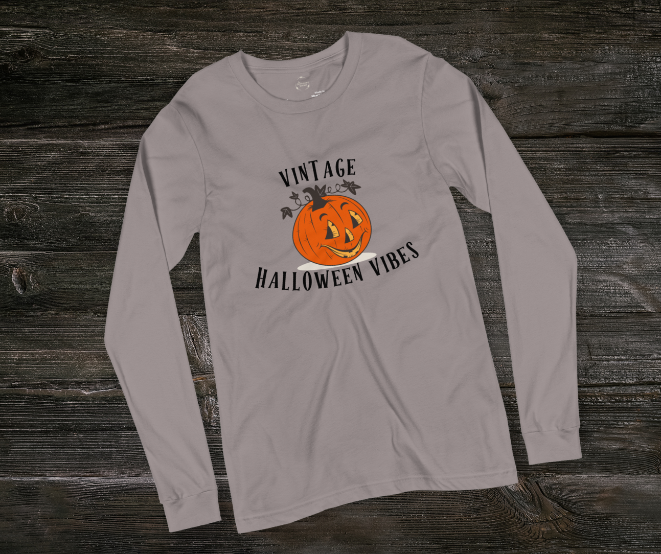 Vintage Halloween Vibes Long Sleeve Tee | Bella+Canvas Retro Jack-O’-Lantern Shirt