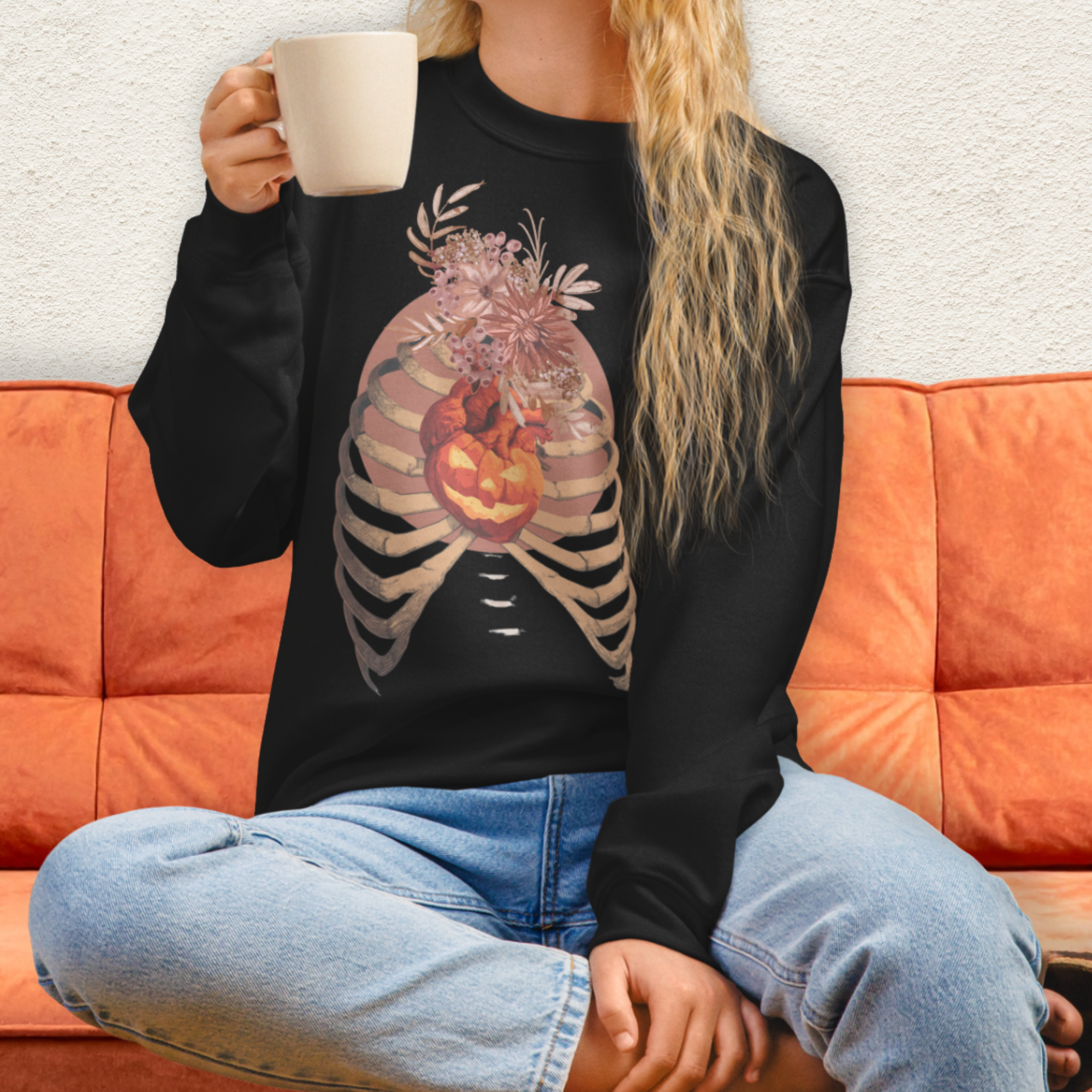 A Fall’s Heart Sweatshirt | Skeleton Pumpkin Autumn Graphic | Gildan Spooky Fall Crewneck