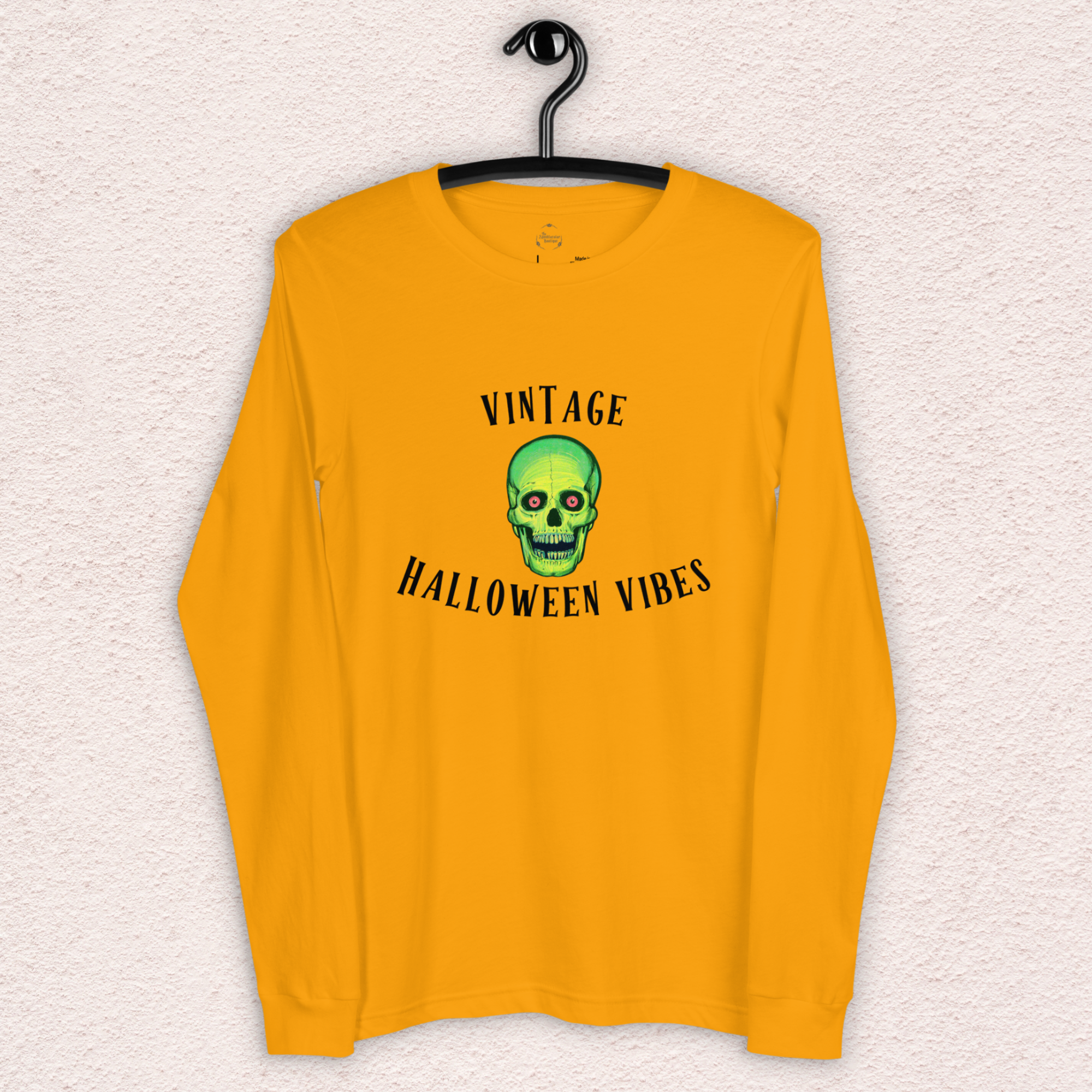 Vintage Halloween Vibes Long Sleeve Tee | Bella+Canvas Retro Green Skull Shirt
