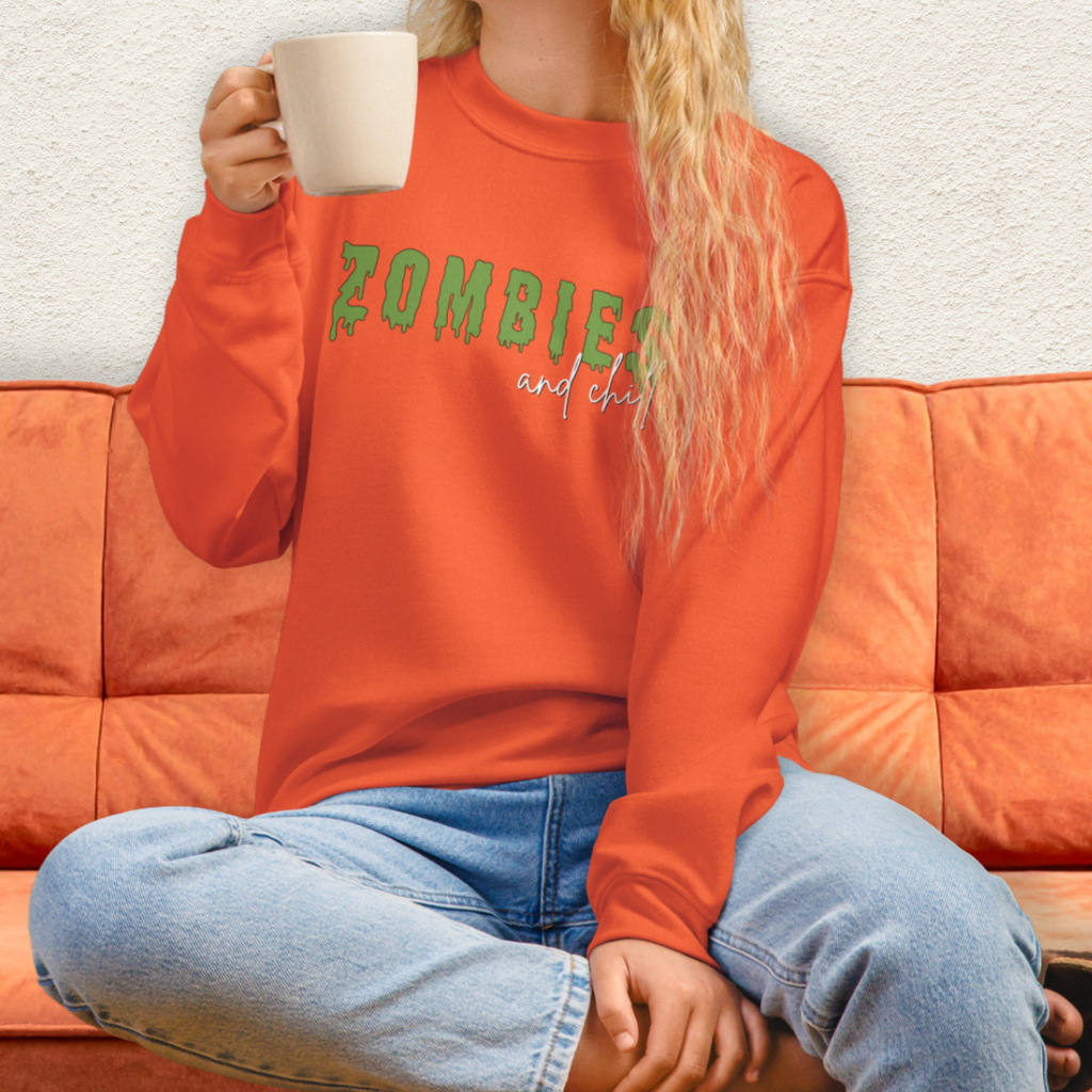 Zombies & Chill Sweatshirt | Horror Movie Crewneck | Gildan Heavy Blend Spooky Zombie Sweatshirt