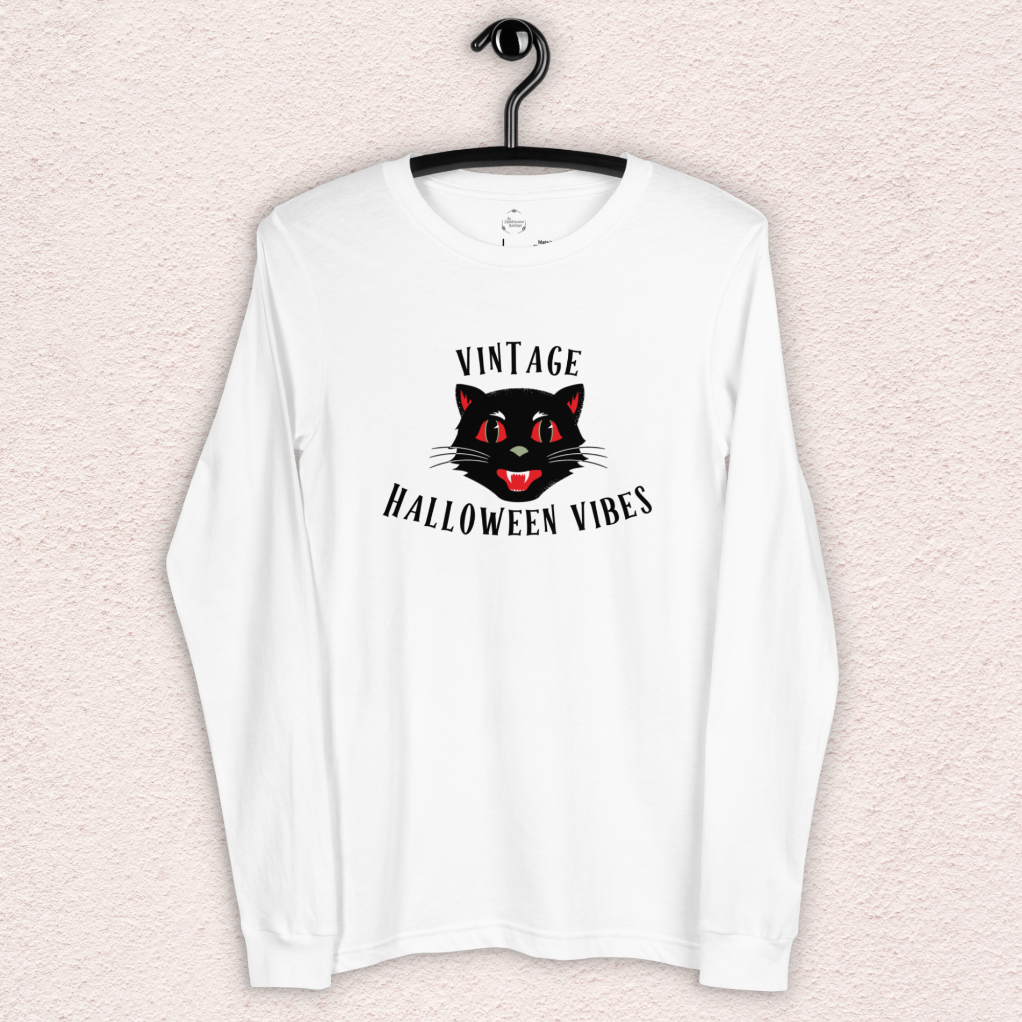 Vintage Halloween Vibes Long Sleeve Tee | Bella+Canvas Unisex Retro Cat Shirt
