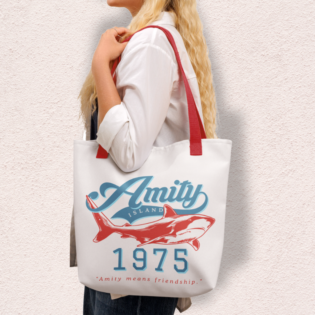 Amity Means Friendship Tote Bag | 15x15 Retro Coastal Horror Market Tote