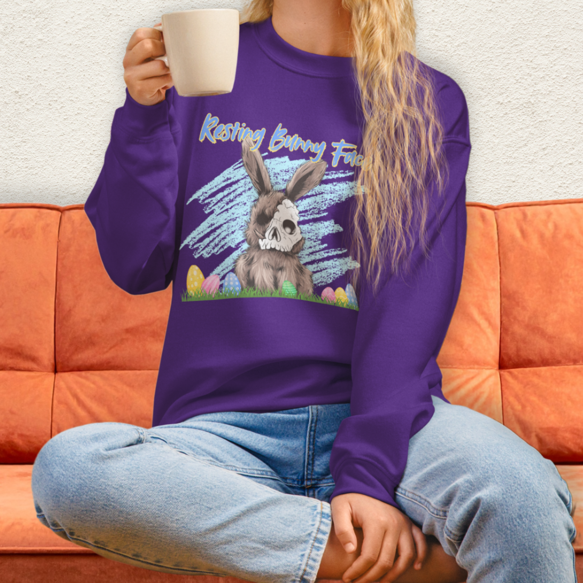 Resting Bunny Face Sweatshirt | Creepy Easter Bunny Skull Crewneck | Funny Spooky Easter Sweatshirt | Dark Humor Bunny Graphic