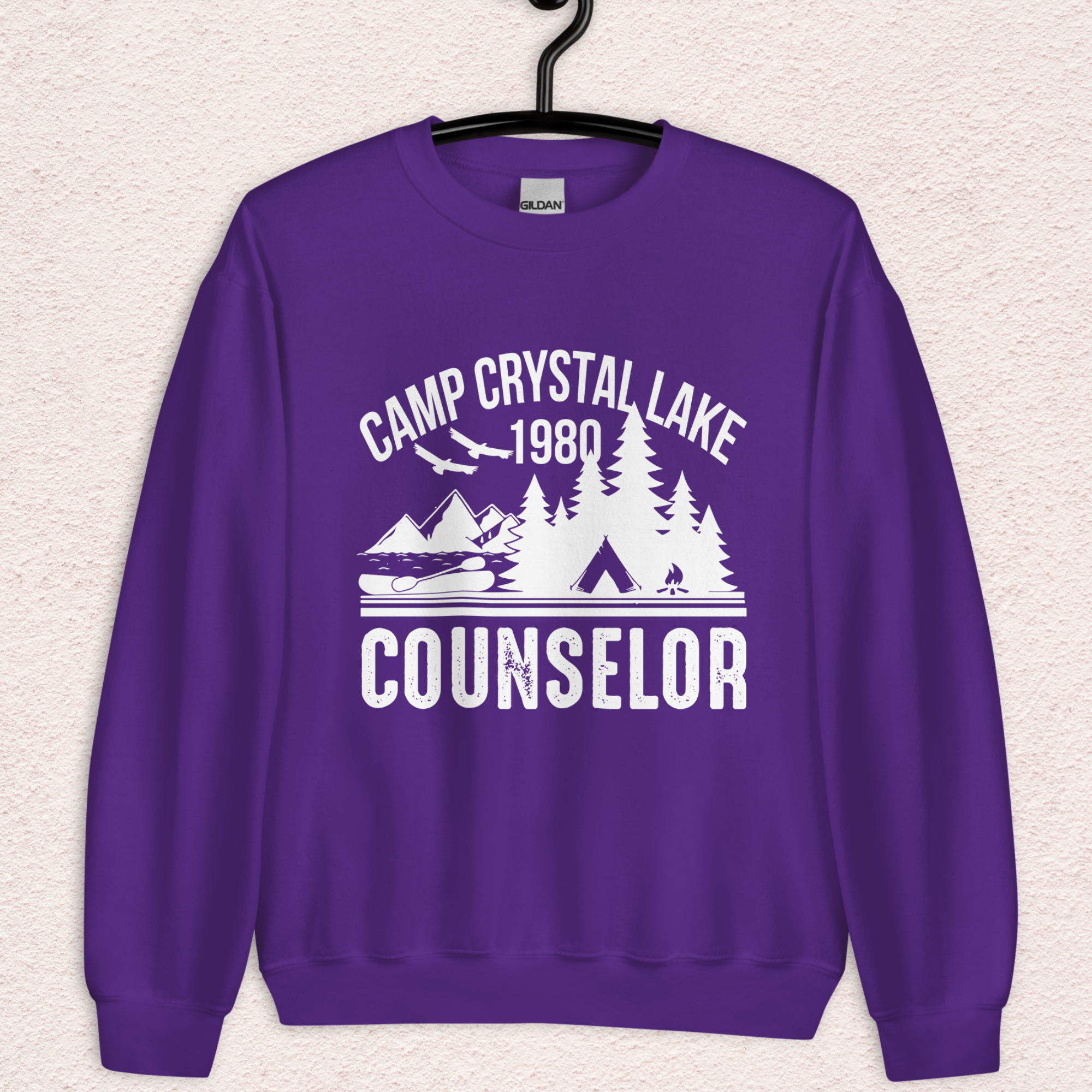 Camp Slasher Counselor Sweatshirt | Gildan Unisex Horror Crewneck (White Ink)