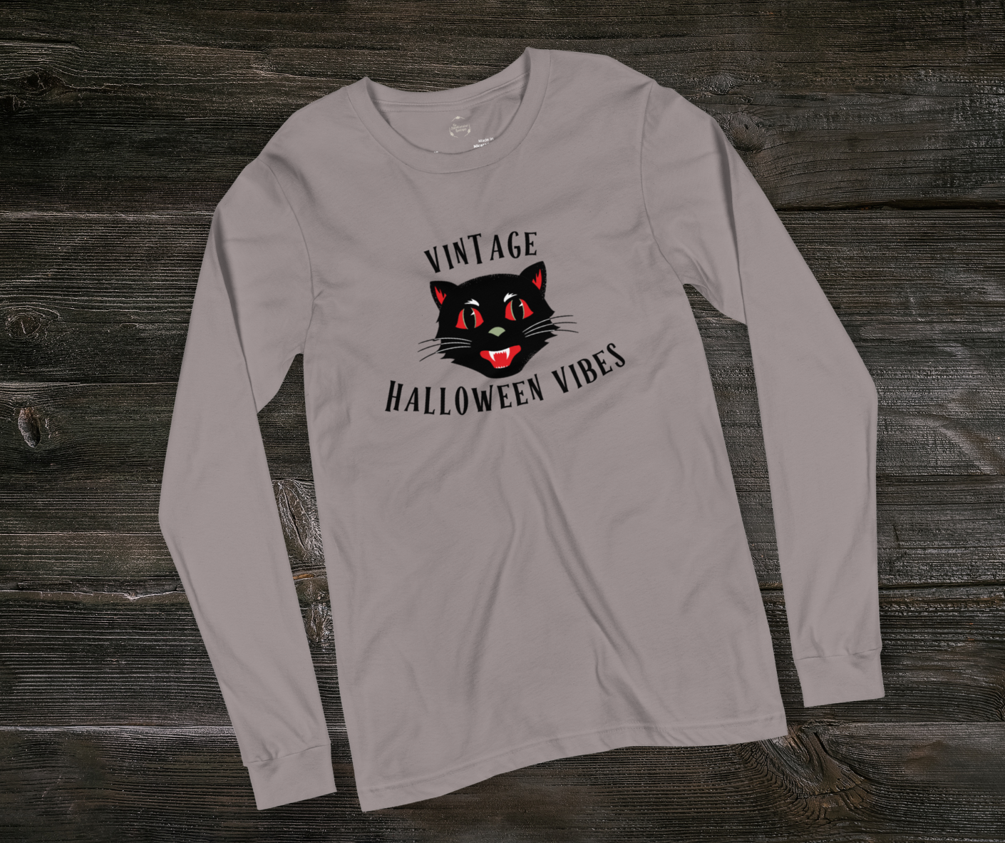 Vintage Halloween Vibes Long Sleeve Tee | Bella+Canvas Unisex Retro Cat Shirt