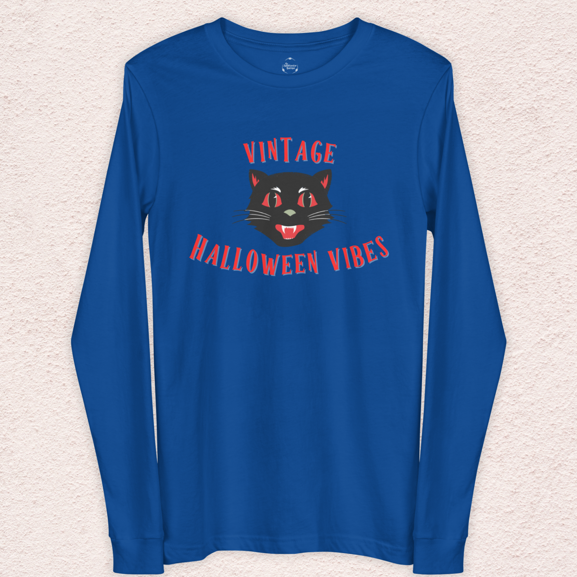 Vintage Halloween Vibes Long Sleeve Tee | Bella+Canvas Unisex Retro Halloween Cat Shirt | Colorful. Graphic