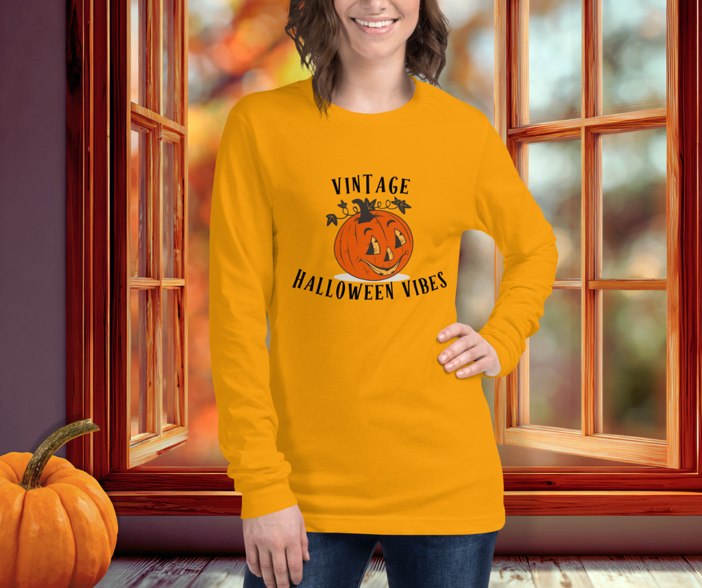 Vintage Halloween Vibes Long Sleeve Tee | Bella+Canvas Retro Jack-O’-Lantern Shirt