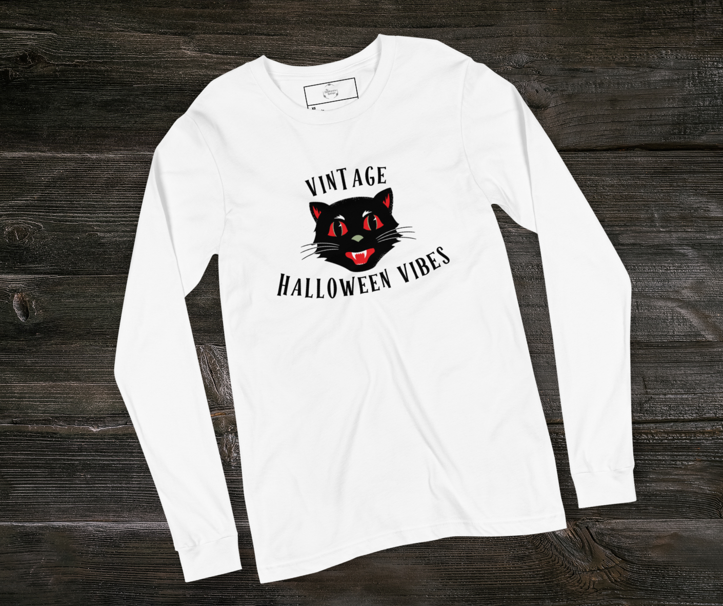 Vintage Halloween Vibes Long Sleeve Tee | Bella+Canvas Unisex Retro Cat Shirt