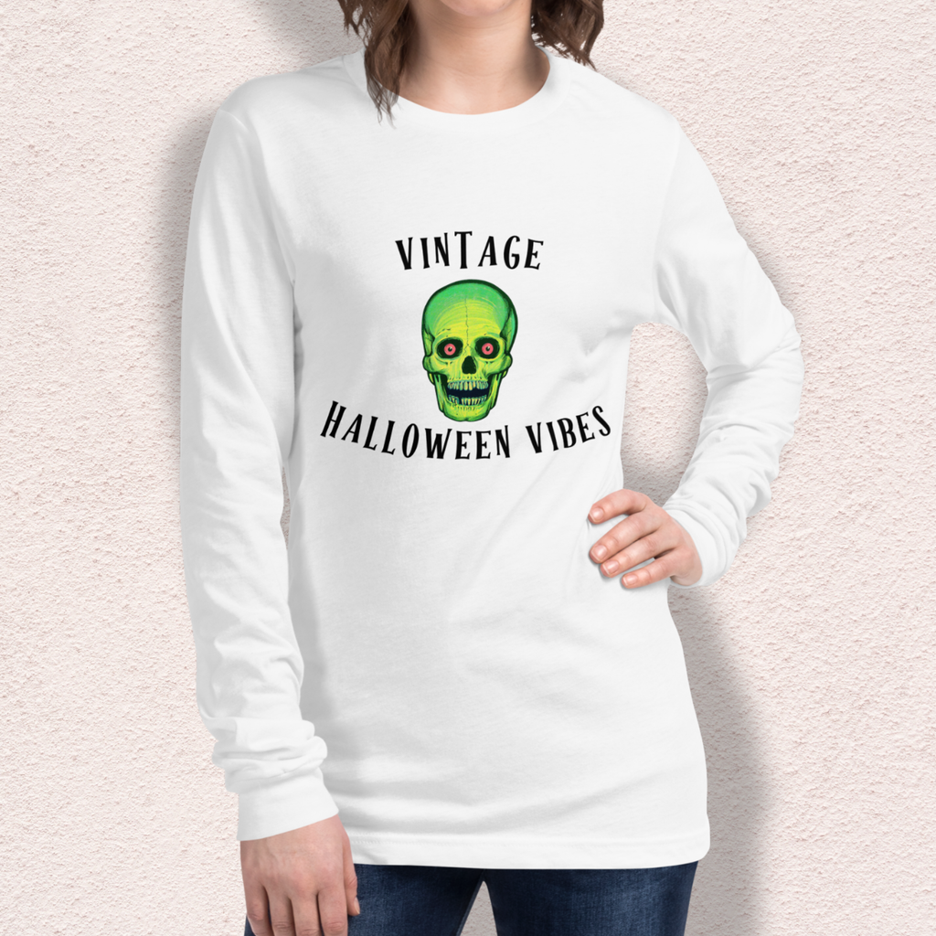 Vintage Halloween Vibes Long Sleeve Tee | Bella+Canvas Retro Green Skull Shirt