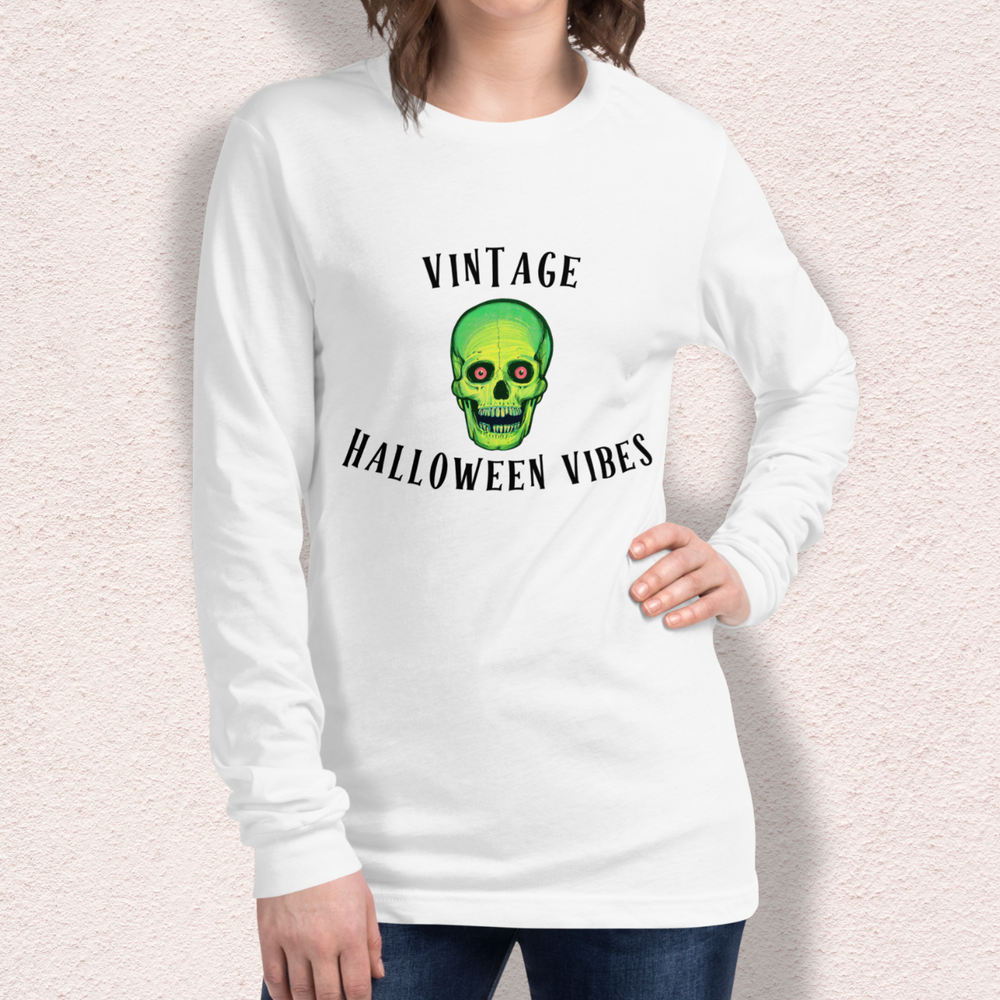 Vintage Halloween Vibes Long Sleeve Tee | Bella+Canvas Retro Green Skull Shirt