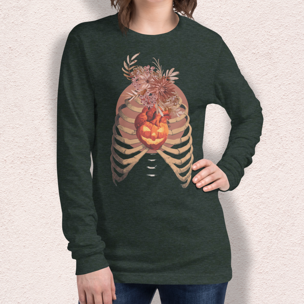A Fall’s Heart Tee | Skeleton Pumpkin Halloween Shirt | Bella+Canvas Spooky Autumn Graphic Long Sleeve Tee
