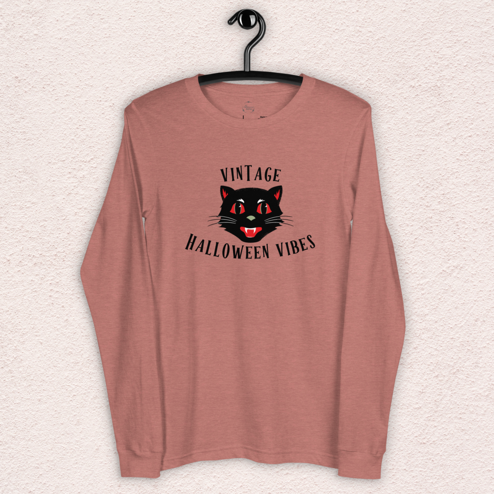 Vintage Halloween Vibes Long Sleeve Tee | Bella+Canvas Unisex Retro Cat Shirt