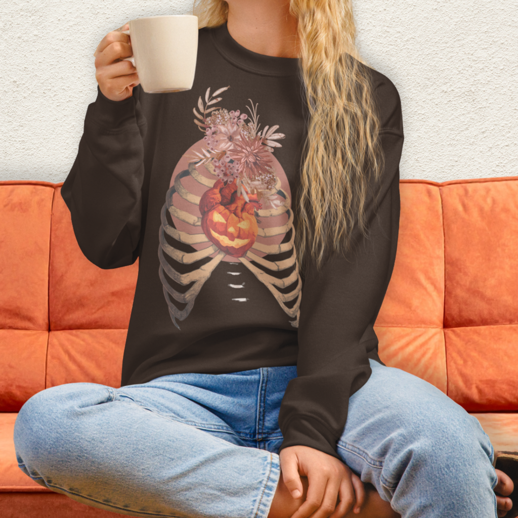 A Fall’s Heart Sweatshirt | Skeleton Pumpkin Autumn Graphic | Gildan Spooky Fall Crewneck