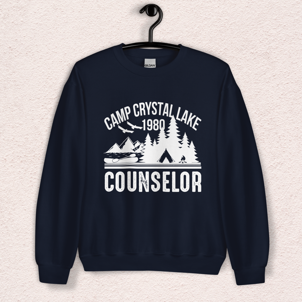 Camp Slasher Counselor Sweatshirt | Gildan Unisex Horror Crewneck (White Ink)