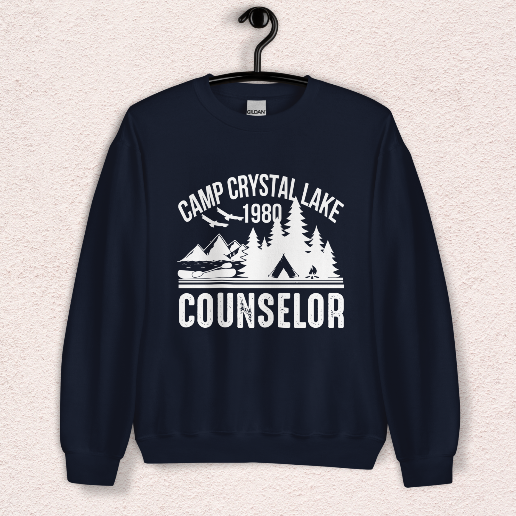 Camp Slasher Counselor Sweatshirt | Gildan Unisex Horror Crewneck (White Ink)