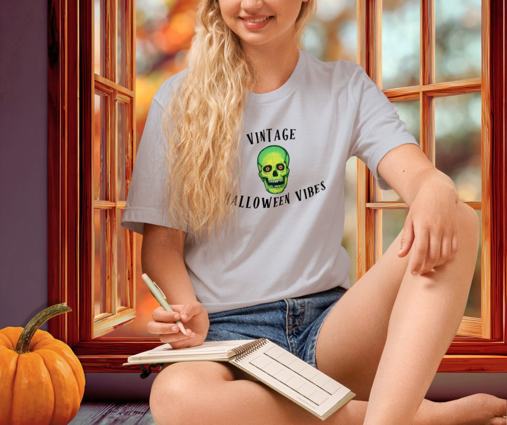 Vintage Halloween Vibes Tee | Unisex Retro Green Skull Graphic Shirt