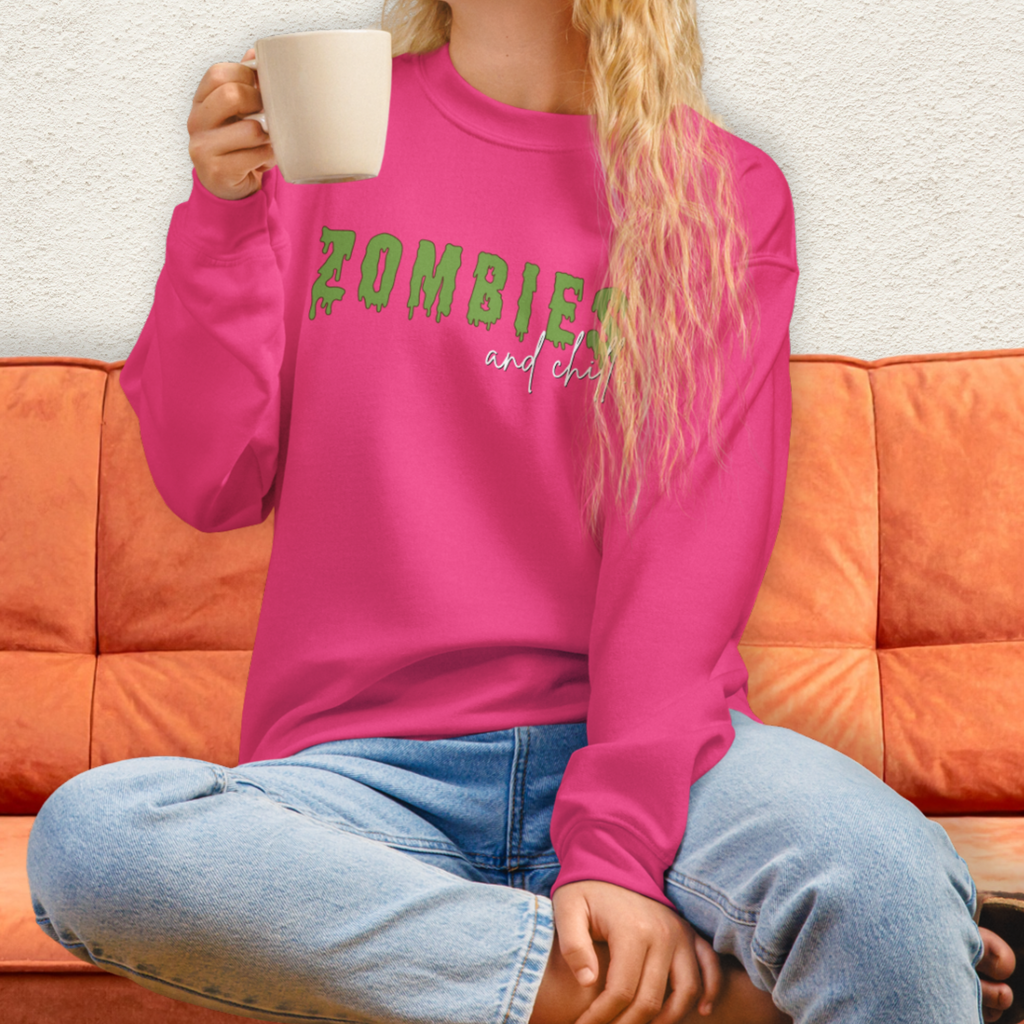 Zombies & Chill Sweatshirt | Horror Movie Crewneck | Gildan Heavy Blend Spooky Zombie Sweatshirt