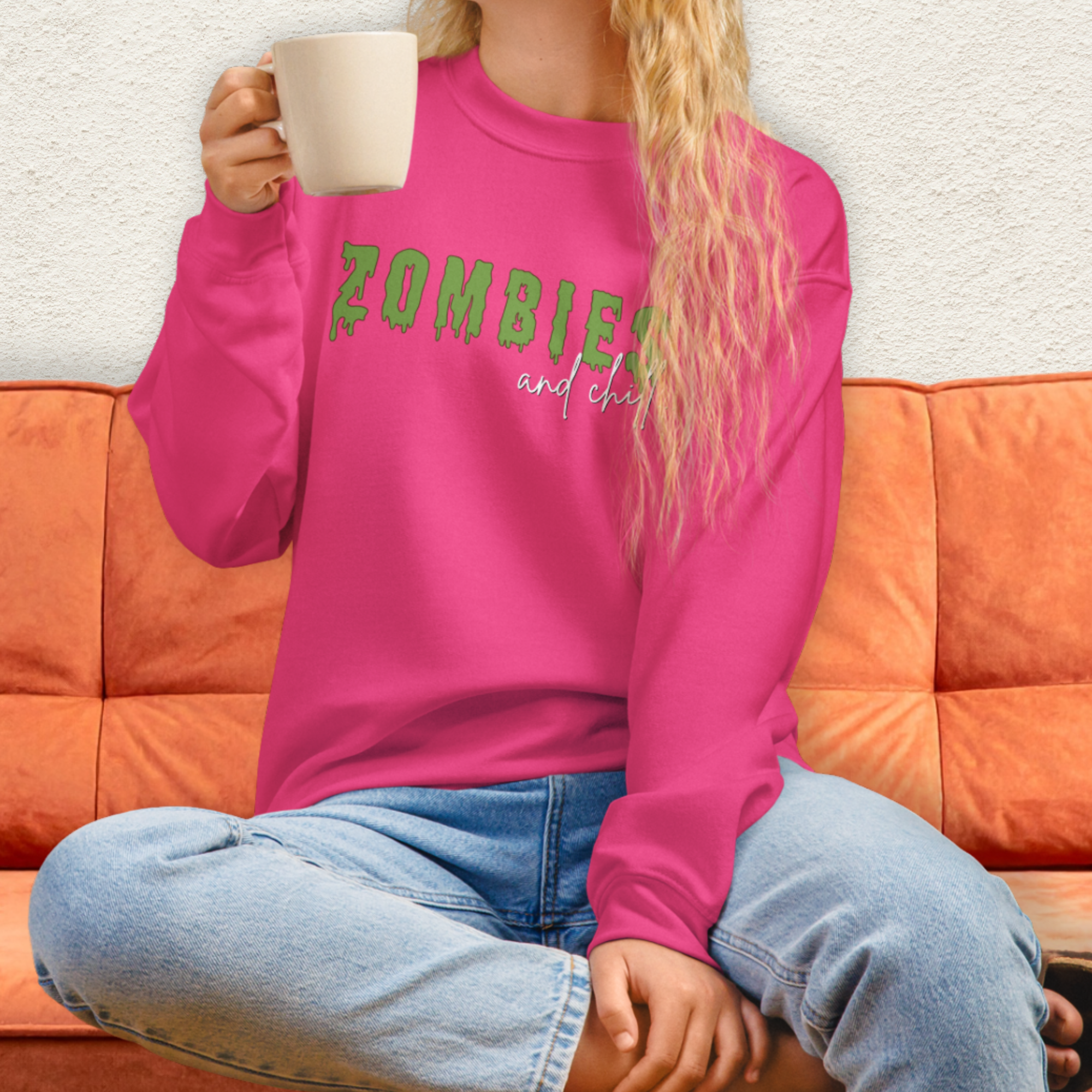 Zombies & Chill Sweatshirt | Horror Movie Crewneck | Gildan Heavy Blend Spooky Zombie Sweatshirt
