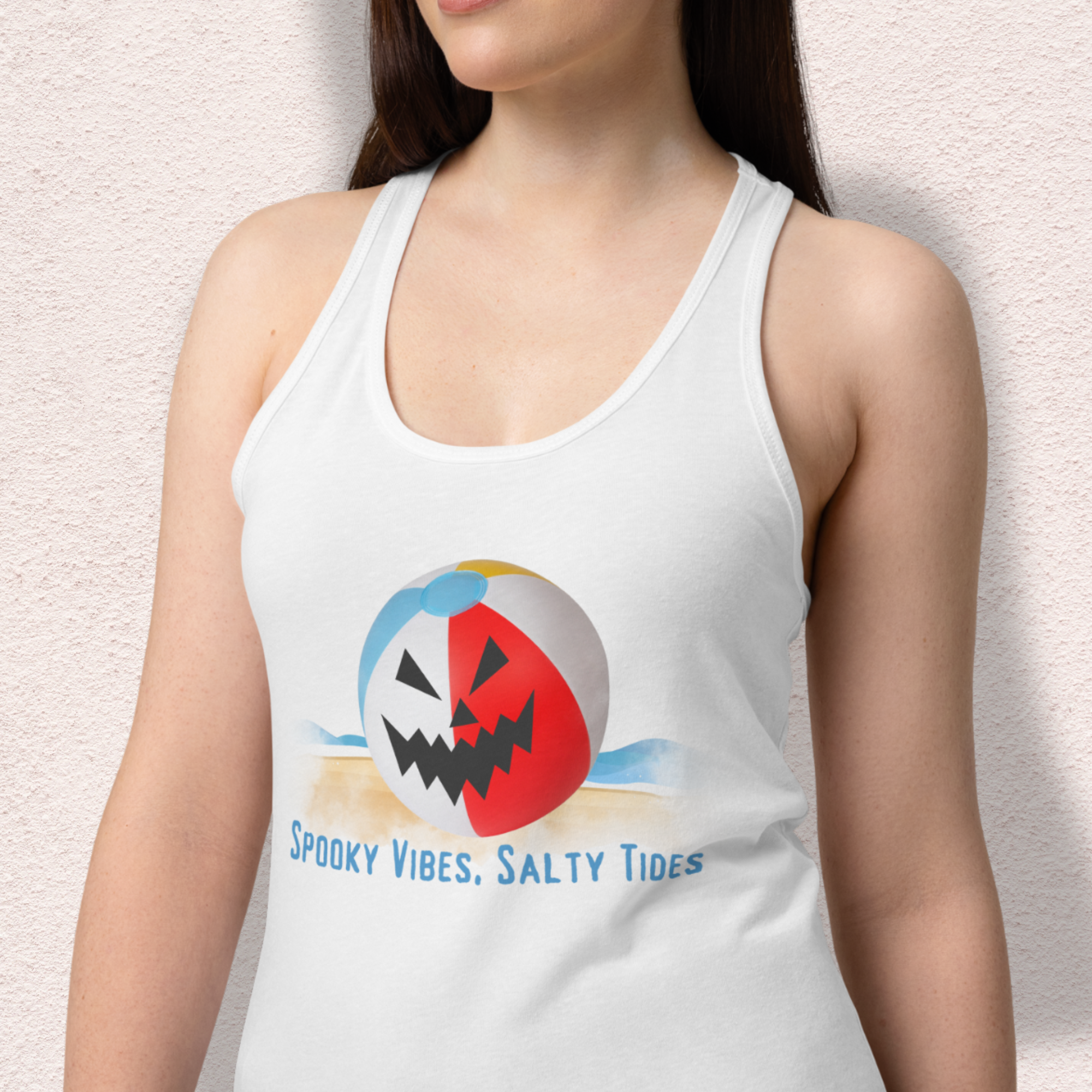 Spooky Vibes, Salty Tides Racerback Tank | Women’s Jack-O’-Lantern Beach Top