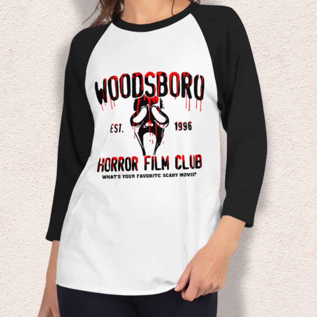 Woodsboro Horror Film Club Raglan Tee | Unisex 3/4 Sleeve Slasher Shirt