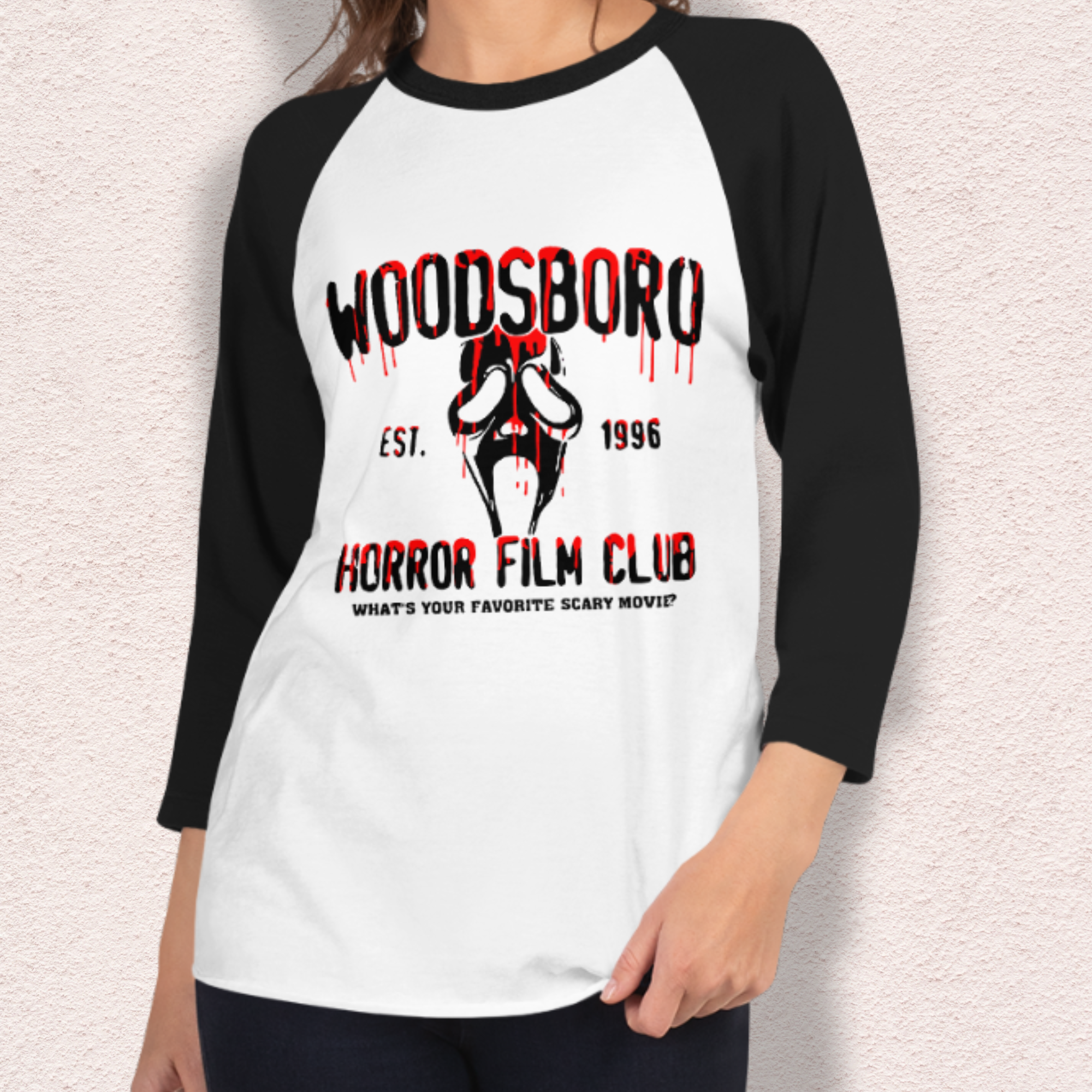Woodsboro Horror Film Club Raglan Tee | Unisex 3/4 Sleeve Slasher Shirt
