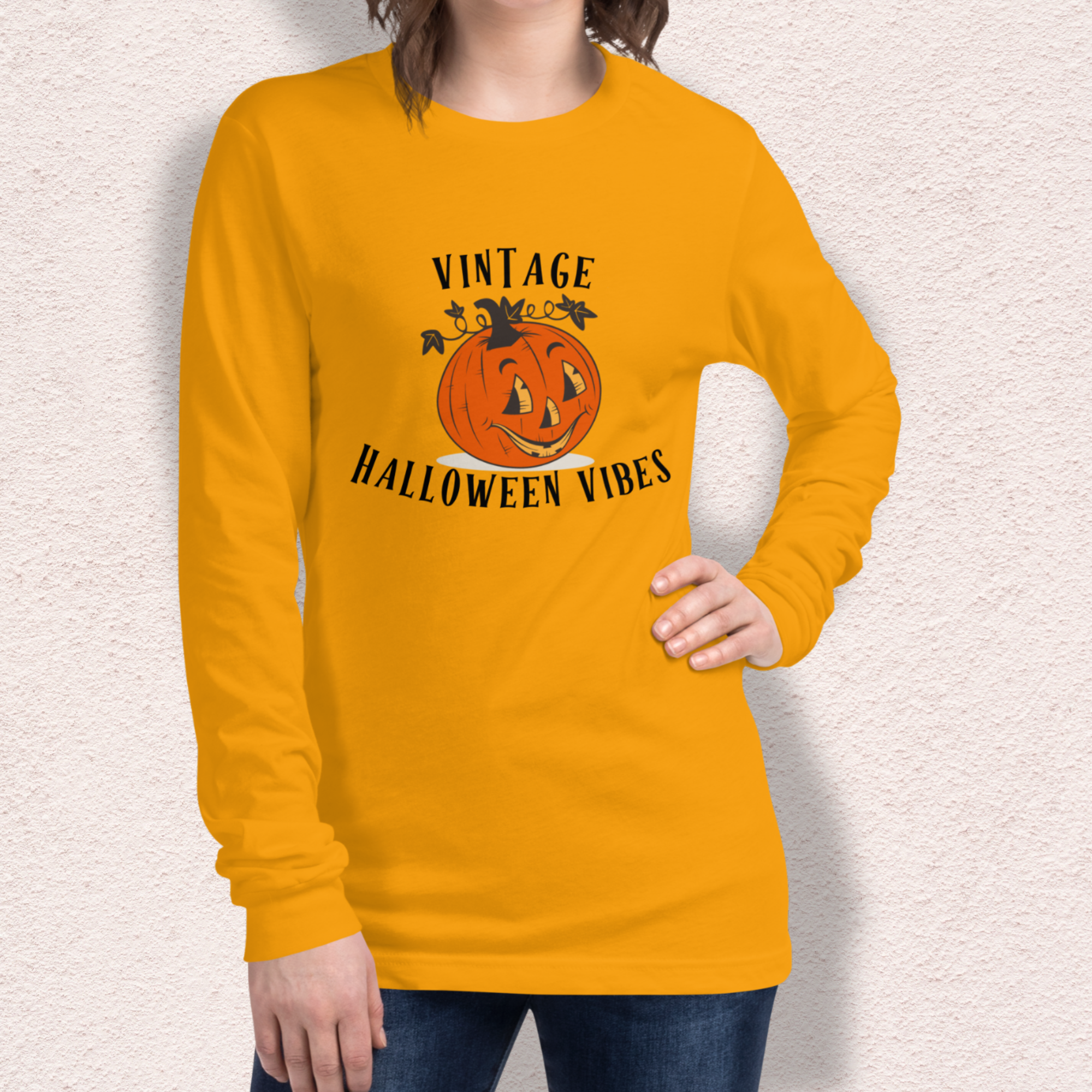 Vintage Halloween Vibes Long Sleeve Tee | Bella+Canvas Retro Jack-O’-Lantern Shirt