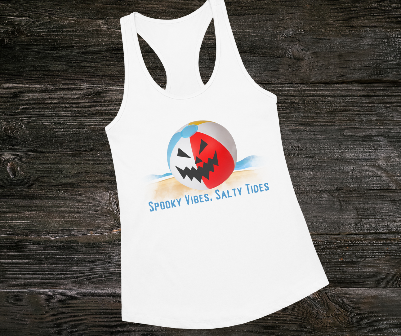 Spooky Vibes, Salty Tides Racerback Tank | Women’s Jack-O’-Lantern Beach Top