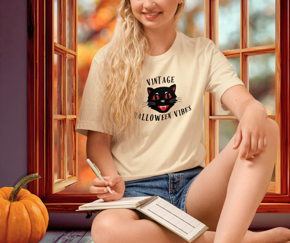 Vintage Halloween Vibes Tee | Unisex Retro Halloween Cat Graphic Shirt