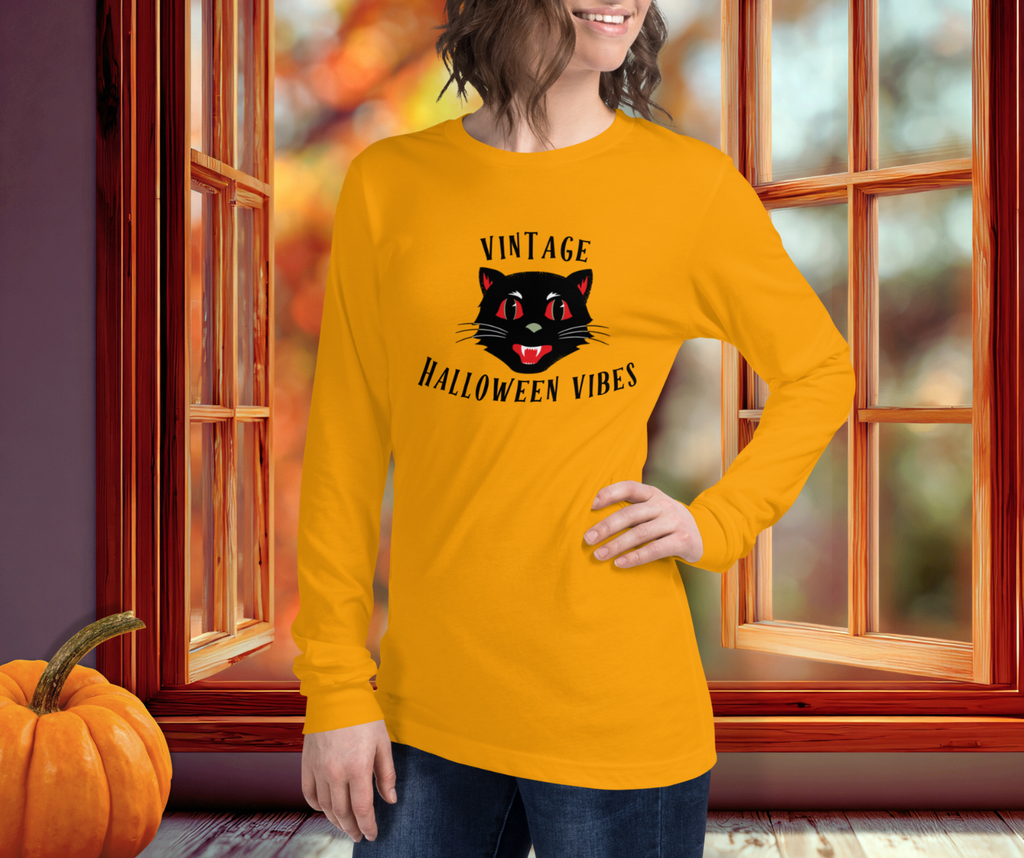 Vintage Halloween Vibes Long Sleeve Tee | Bella+Canvas Unisex Retro Cat Shirt