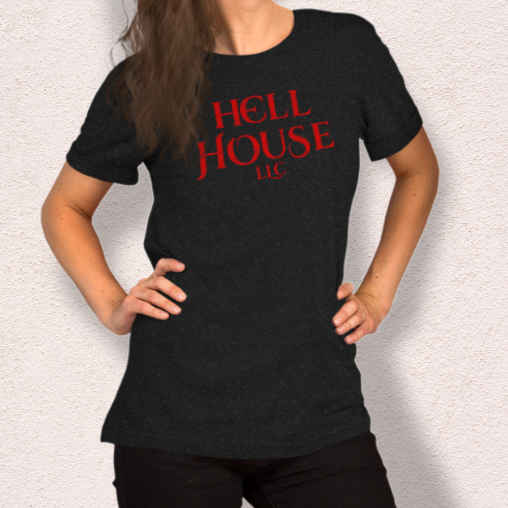 Hell House LLC Tee | Haunted Attraction Horror Shirt | Bella+Canvas Unisex Graphic Tee (Large Red Graphic 1)
