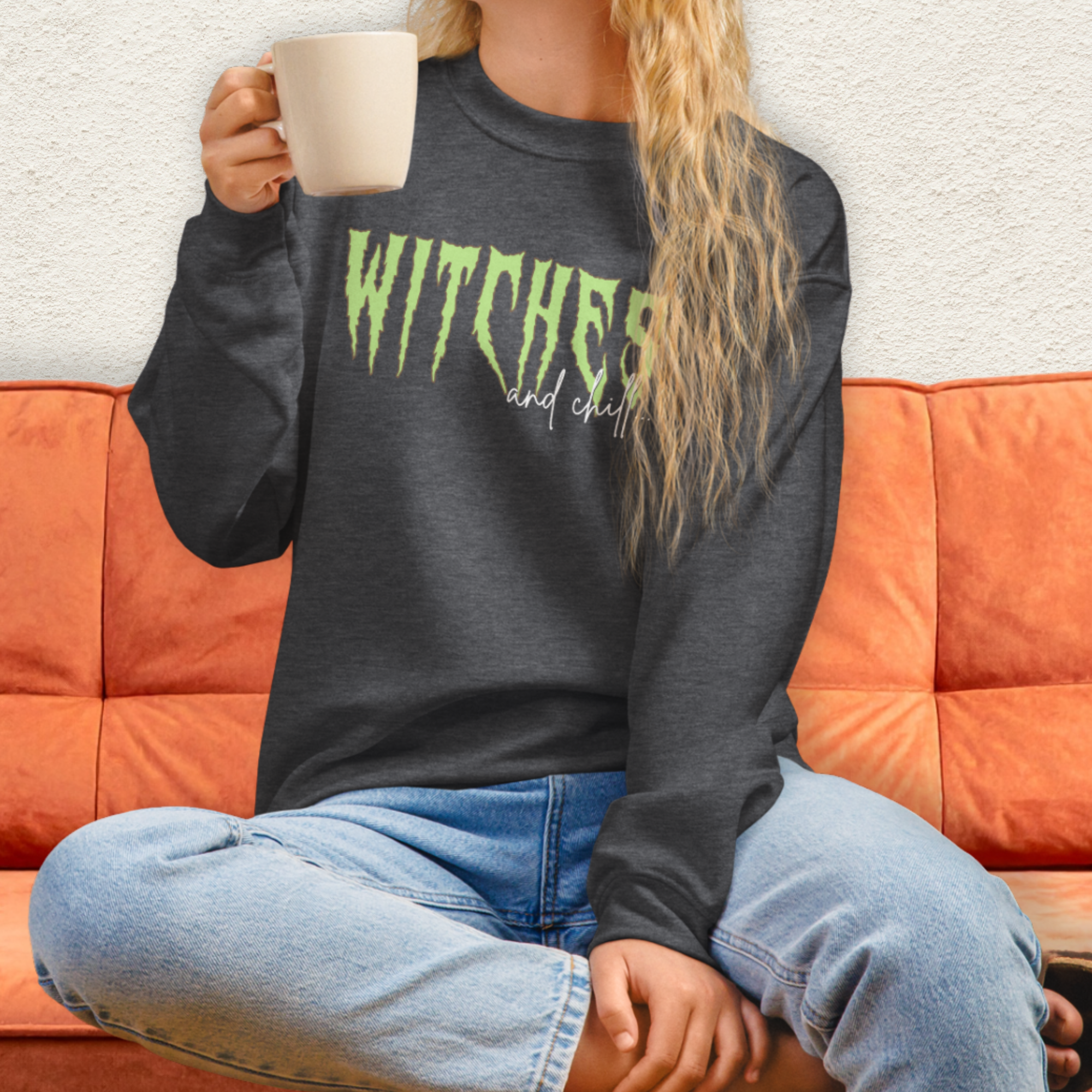 Witches & Chill Sweatshirt | Spooky Witch Aesthetic Crewneck | Gildan Heavy Blend Halloween Sweatshirt