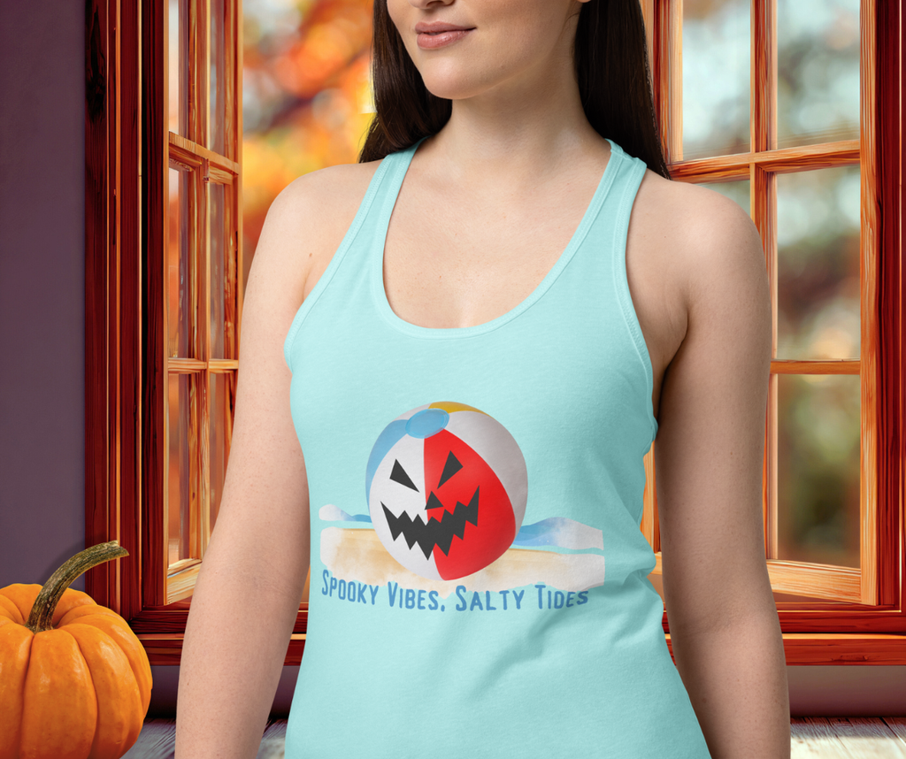 Spooky Vibes, Salty Tides Racerback Tank | Women’s Jack-O’-Lantern Beach Top