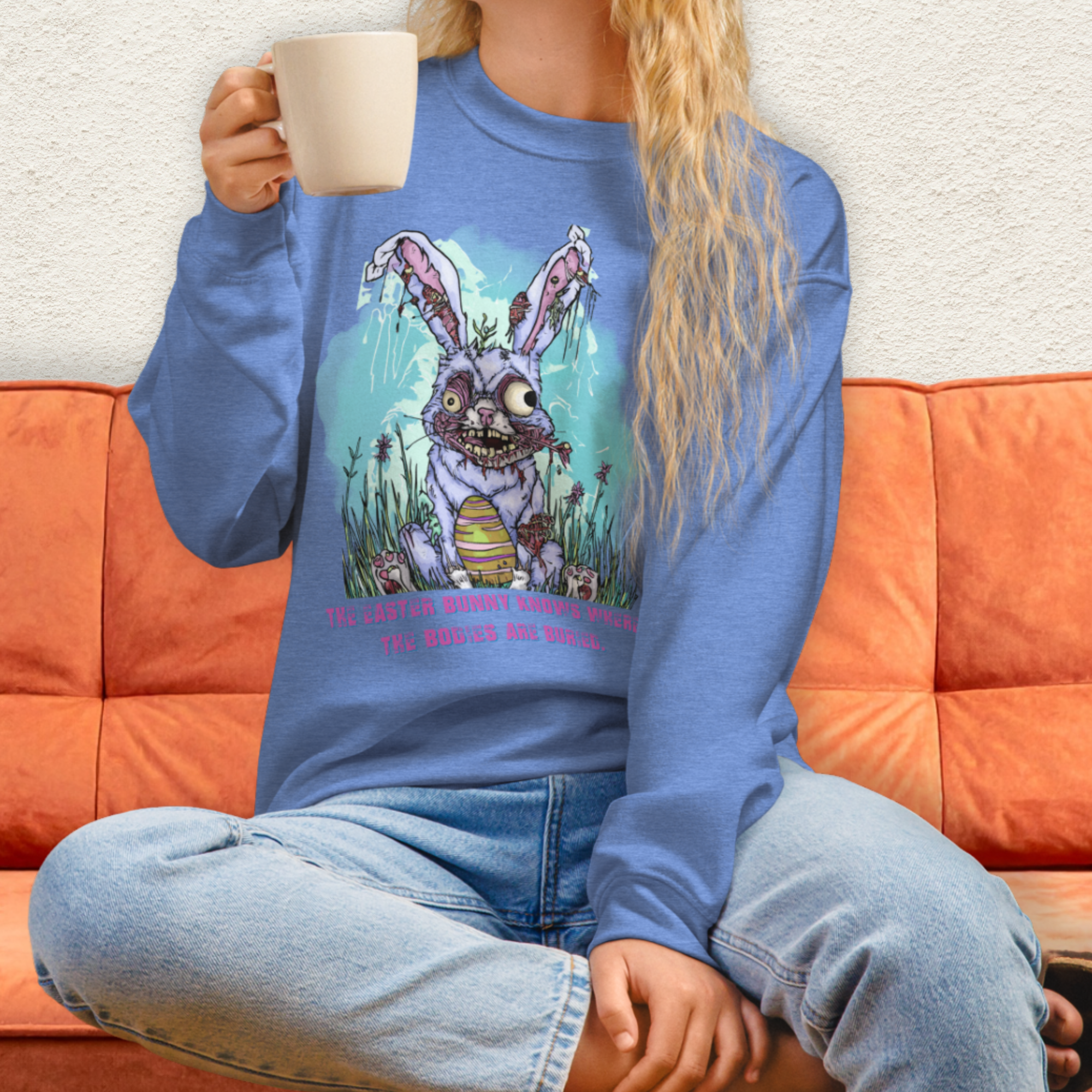The Easter Bunny Knows Where the Bodies Are Buried Sweatshirt | Zombie Easter Bunny Horror Sweatshirt | Funny Dark Humor Easter | Gildan Crewneck