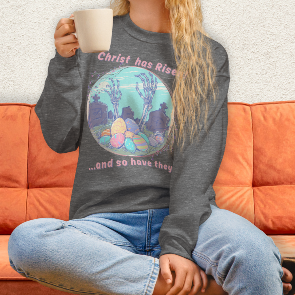 Christ Has Risen… and So Have They Sweatshirt | Funny Horror Easter Sweatshirt | Skeleton Grave Easter Graphic | Gildan Crewneck