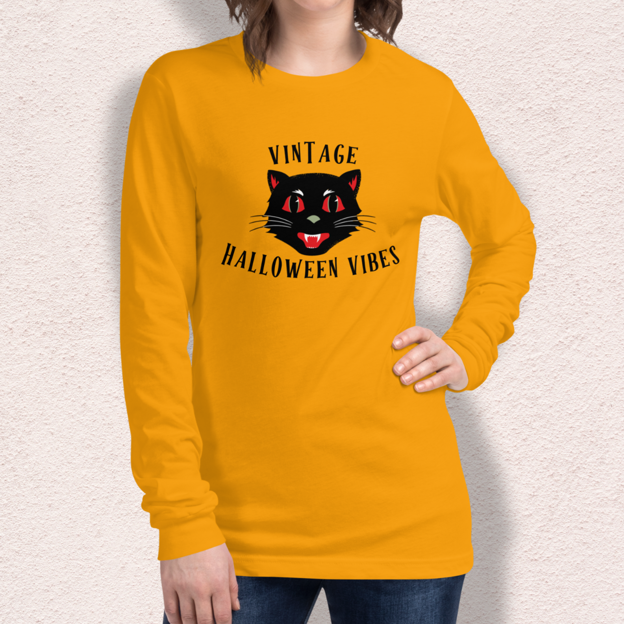 Vintage Halloween Vibes Long Sleeve Tee | Bella+Canvas Unisex Retro Cat Shirt