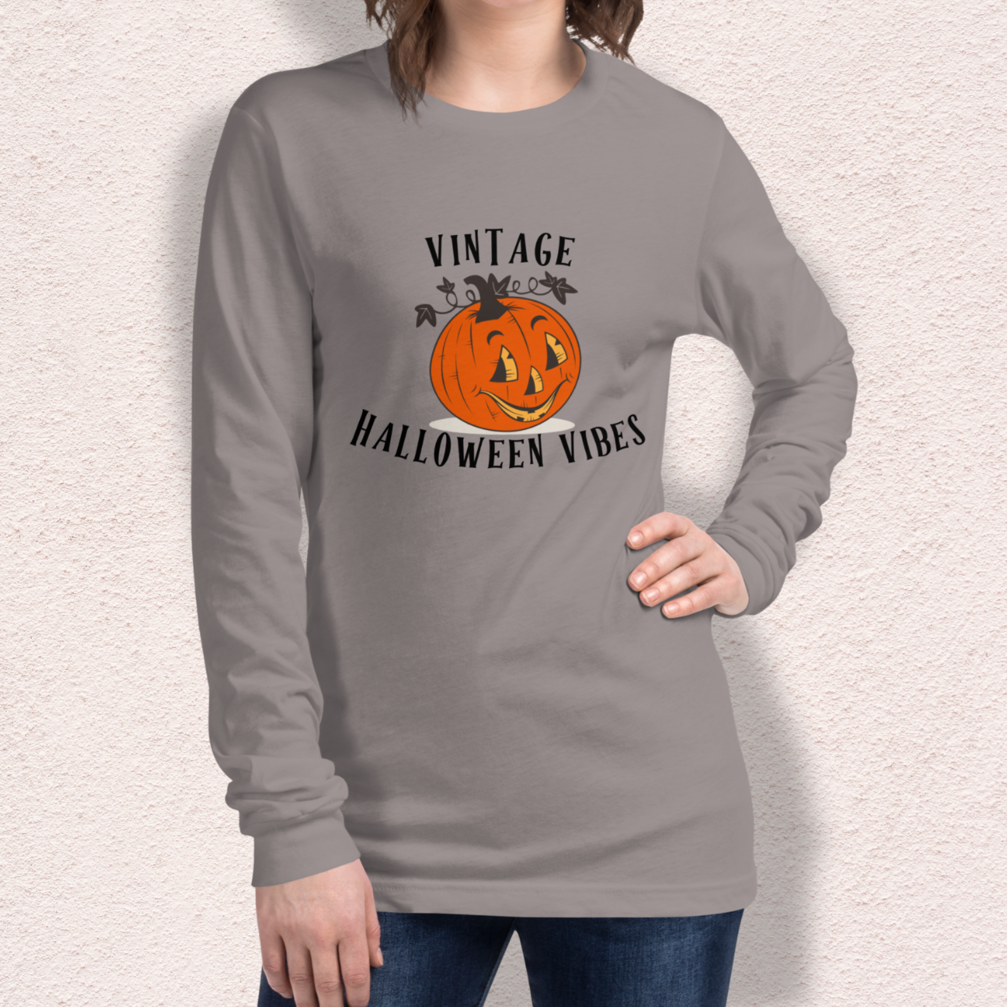 Vintage Halloween Vibes Long Sleeve Tee | Bella+Canvas Retro Jack-O’-Lantern Shirt